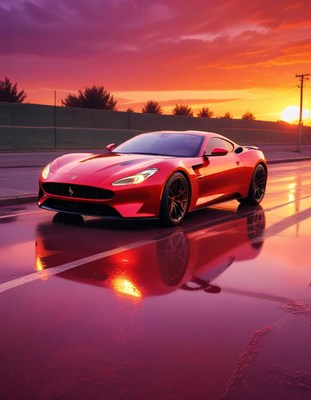 Red sports car parked on wet street at sunset