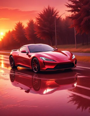 Red sports car parked on wet road at sunset