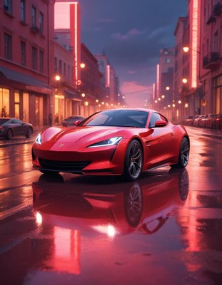 Red sports car in urban street after rain at dusk