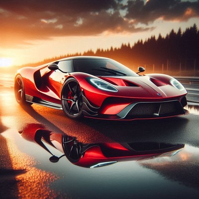 Stunning red sports car on a reflective wet road at sunset