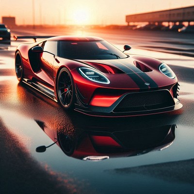 Red sports car at sunset on a wet track