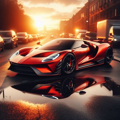 Red sports car reflected on wet urban street at sunset