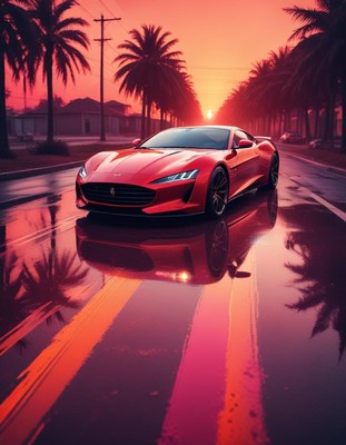 Red sports car on rainy street at sunset
