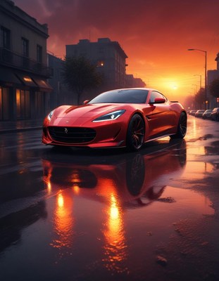 Red sports car parked on rainy city street at sunset