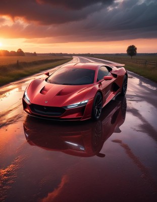 Striking red sports car at sunset on wet road