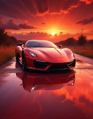 Red sports car parked on wet road at sunset