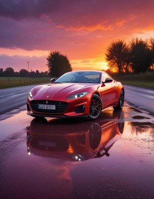 Red sports car reflected on wet road at sunset