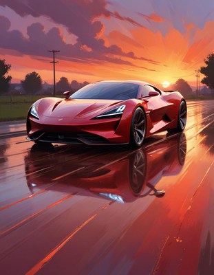 Red luxury sports car at sunset on rainy road