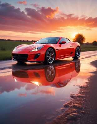 Red sports car parked by sunset reflections on road