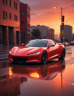 Red sports car parked on wet street at sunset