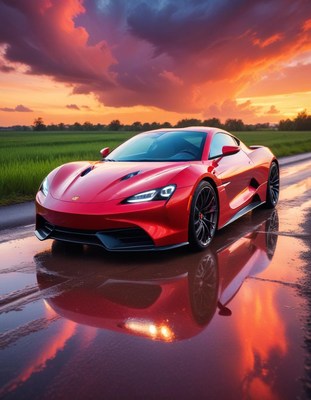 Stunning red sports car on wet road at sunset