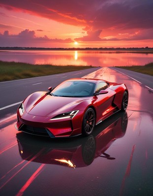 Sport car under sunset sky by tranquil lake