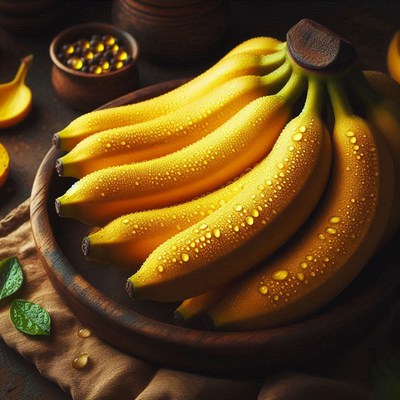 Freshly harvested bananas in rustic wooden bowl