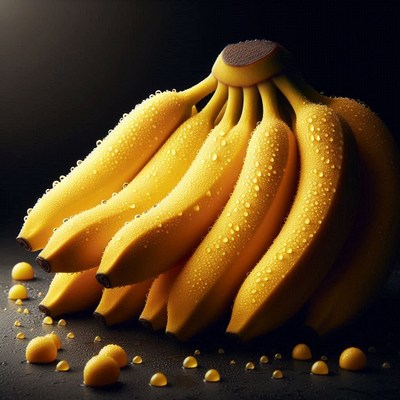 Fresh bananas with water droplets on dark surface