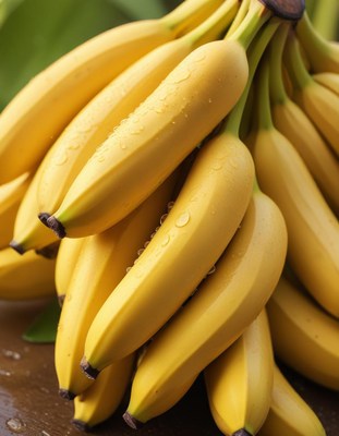 Freshly harvested yellow bananas on wooden surface