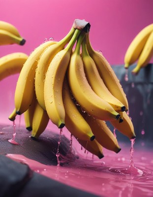 Bananas dripping with water in pink background setting