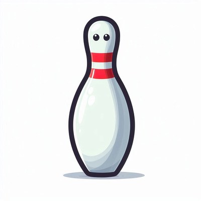 Cartoon bowling pin character with red stripe