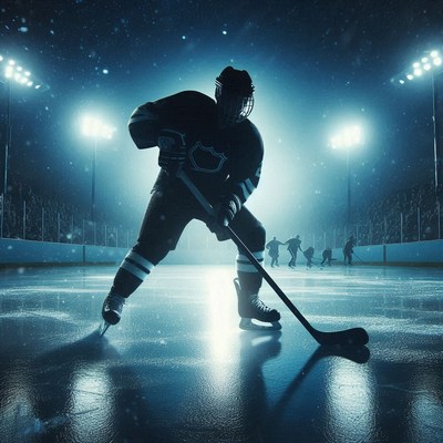 Ice hockey player preparing for action at night game