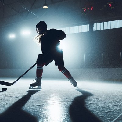 Hockey player skating during evening practice on ice rink