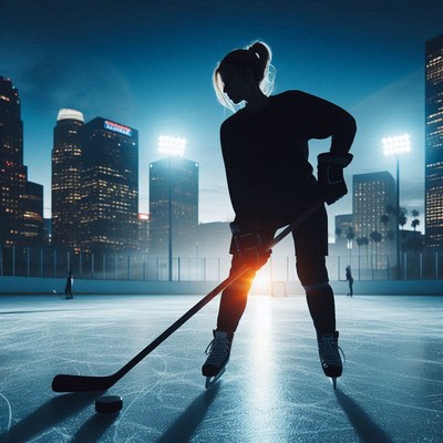 Ice hockey player skating at night in urban arena