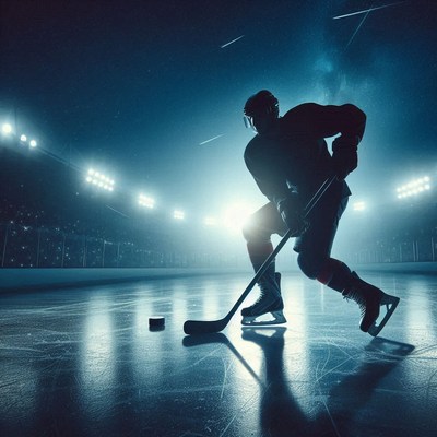 Hockey player practicing at night in a floodlit arena