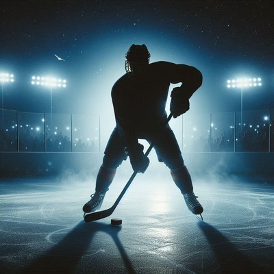 Hockey player preparing to shoot at night game