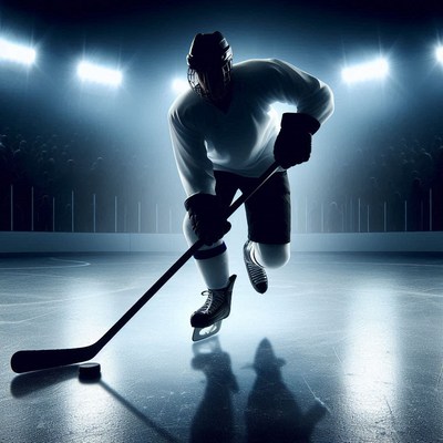 Hockey player skating on ice in dark arena