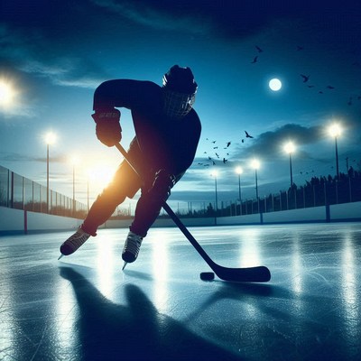 Nighttime hockey player skating on outdoor rink