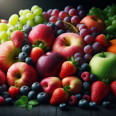 Fresh assortment of fruits with dew on dark surface