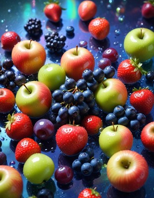 Fresh apples and berries on glittering surface
