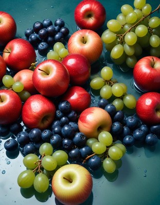 Fresh fruits spread on a green surface with water