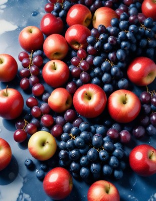 Fresh red apples and blue grapes on dark surface