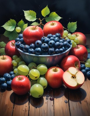 Fresh apples, blueberries, and grapes on wooden table