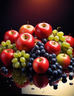 Fresh apples, grapes, blueberries on surface