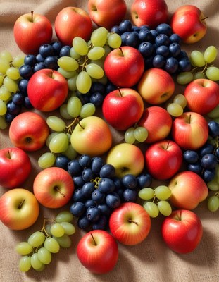 Fresh apples and grapes on beige linen surface