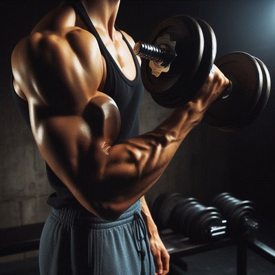 Muscular individual exercising with dumbbell at gym