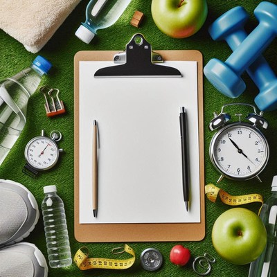 Healthy lifestyle routine with notepad and workout gear
