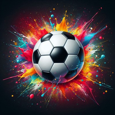 Vibrant soccer ball surrounded by colorful splash