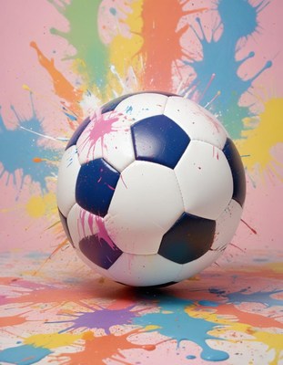 Soccer ball splashes color on bright background