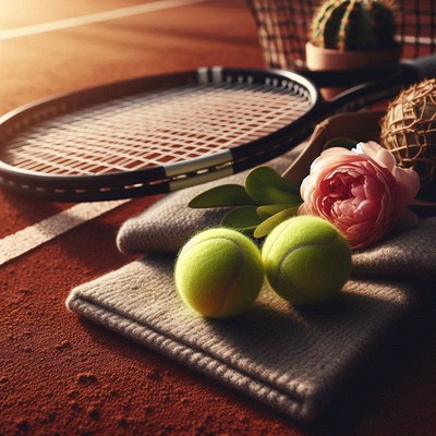 Tennis equipment and decor on a clay court