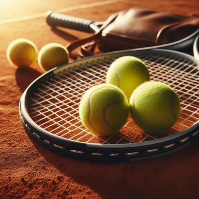 Tennis balls and racket resting on clay court at sunset