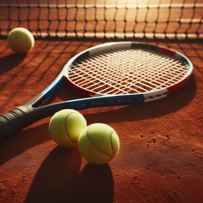 Tennis racket and balls on clay court at sunset