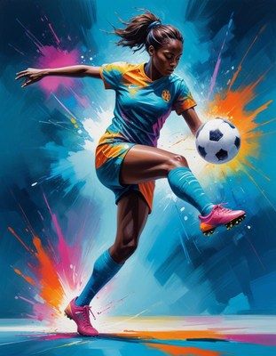 Dynamic female soccer player in colorful kit