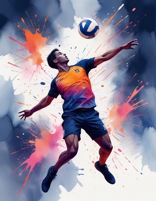 'volleyball player spiking against colorful backdrop'