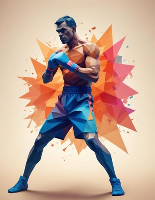 Polygonal boxer ready for action in abstract background