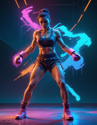 Female boxer training with neon background at night
