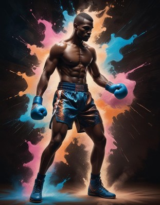 Boxer posing with gloves amidst colorful splashes