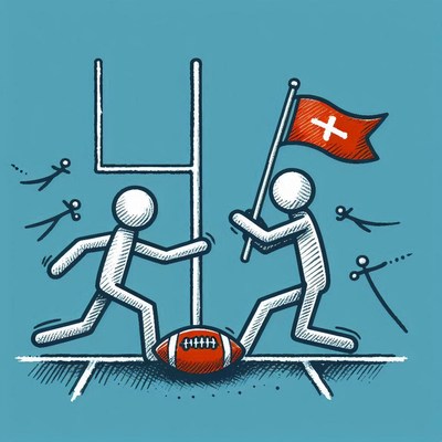 Stick figures playing football with flag and goalposts