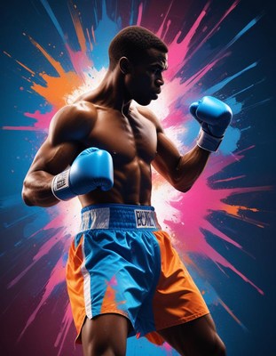 Boxer training intently against colorful background