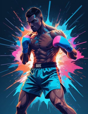 Vibrant boxer in action against colorful background